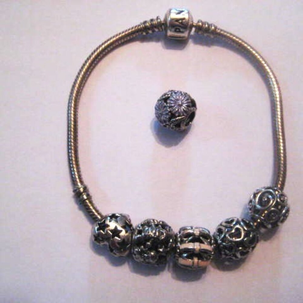 Pandora Bracelet & 6 Charms Sterling Silver Authentic